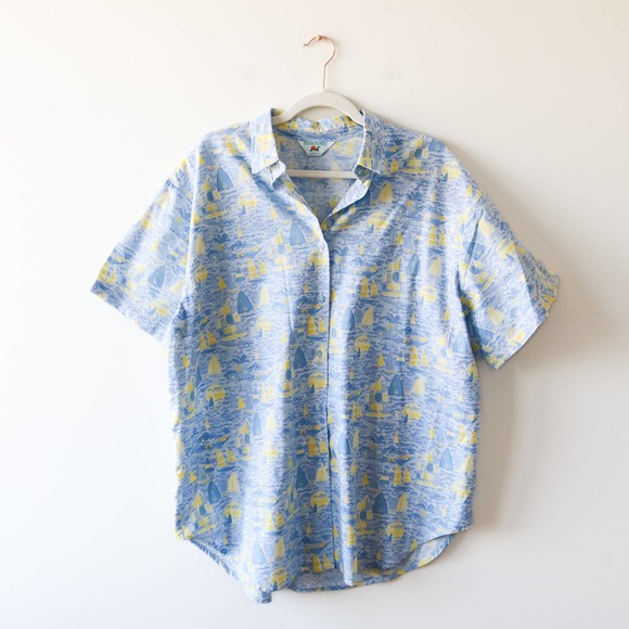 Vintage Pastel Sail boat Button Up Blouse XL Andrew Mcmullan - Picture 1 of 6